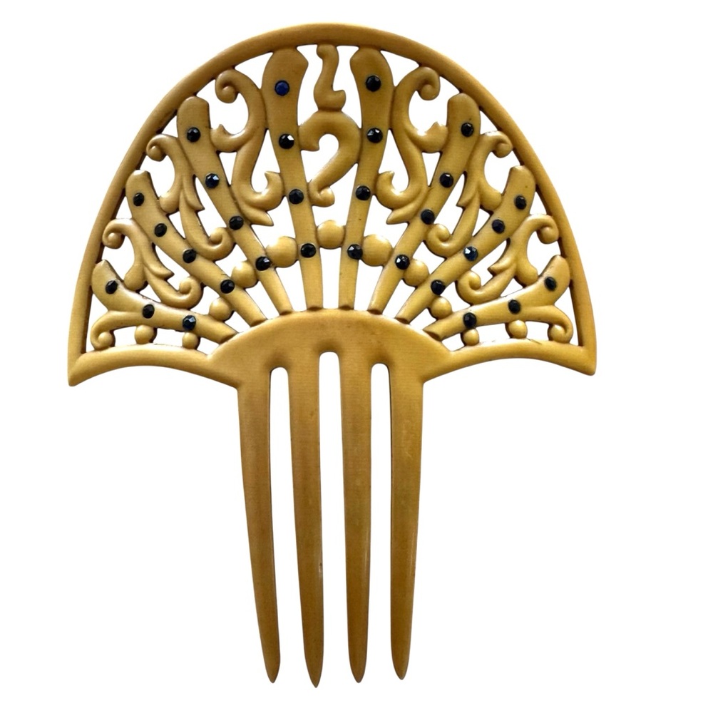 Hair Comb Art Deco Celluloid Fan Shape Large Blue Rhinestones Mantilla